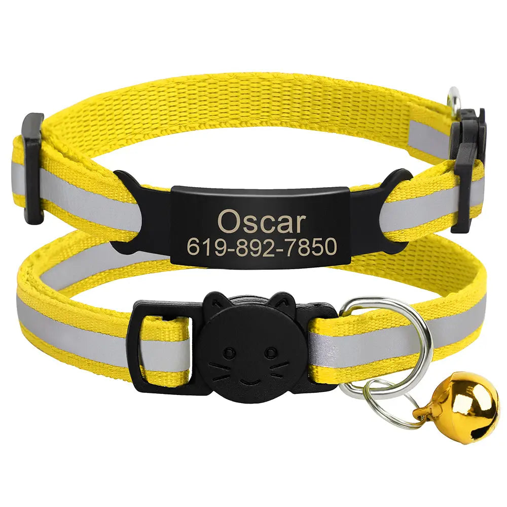 Collier chat jaune et gris avec plaque « Oscar » et clochette
