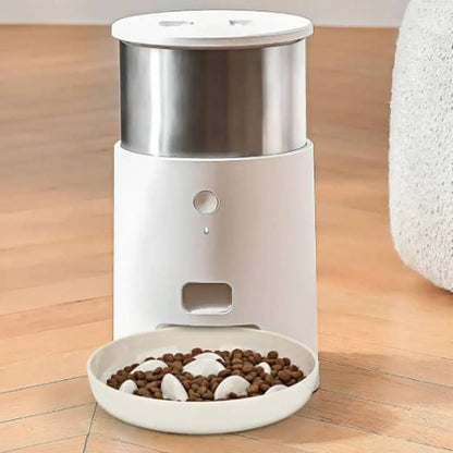 Distributeur de gamelle anti-glouton DigestPro avec boîtier blanc et bol au sol