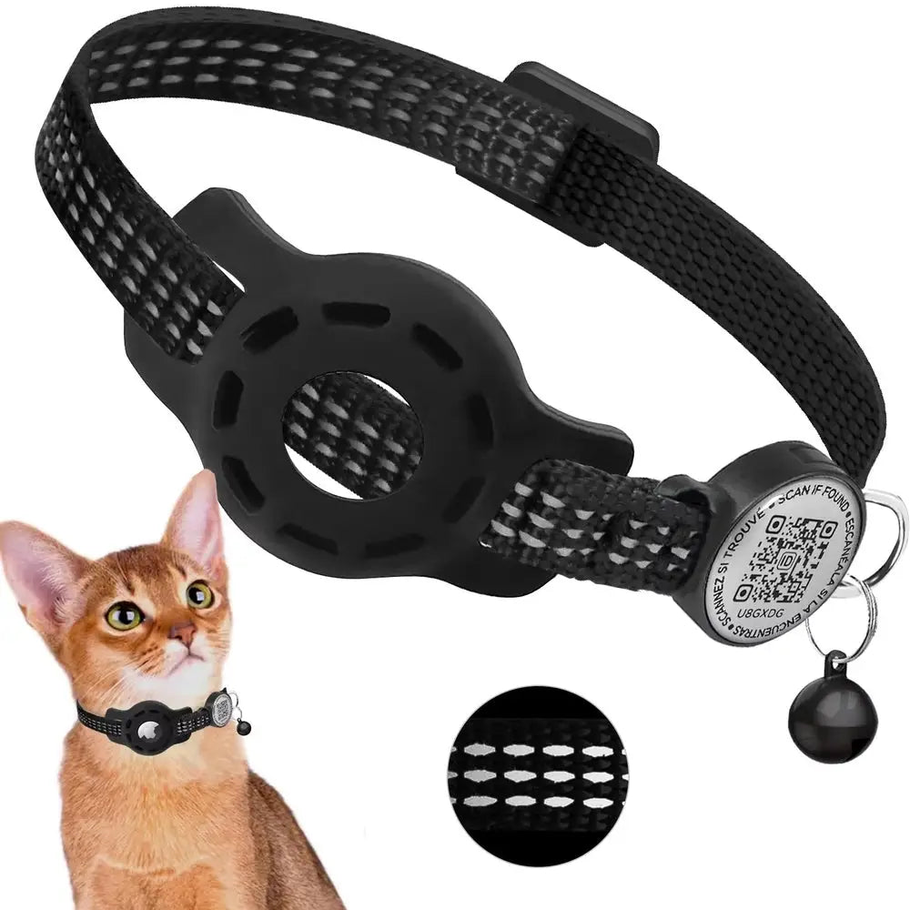Collier chat noir avec support AirTag, boucle sécurité et QR code réfléchissant