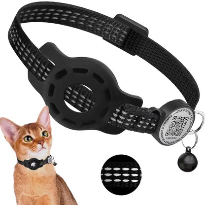 Collier chat noir avec support AirTag, boucle sécurité et QR code réfléchissant