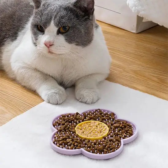Tapis de léchage en forme de fleur violet avec zone centrale à picots