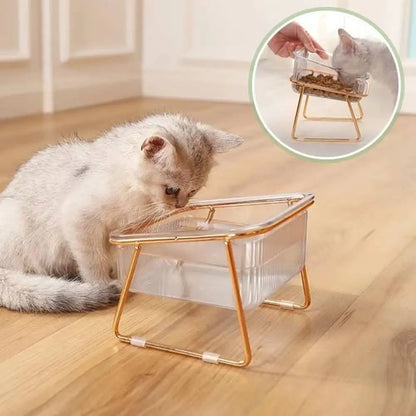 Gamelle pour chat double surélevée, bacs transparents et armature métal doré