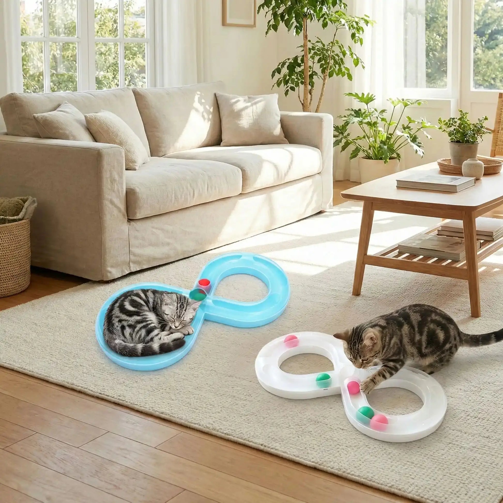 Jouet pour chat interactif : piste bleue avec deux anneaux et des pions colorés