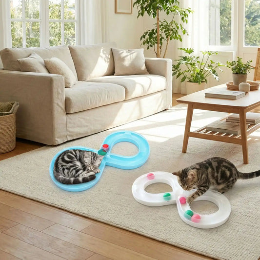 Jouet pour chat interactif : piste bleue avec deux anneaux et des pions colorés