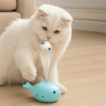 Jouet pour chat dauphin bleu lance-balle avec ventilateur, balle blanche et bleue.