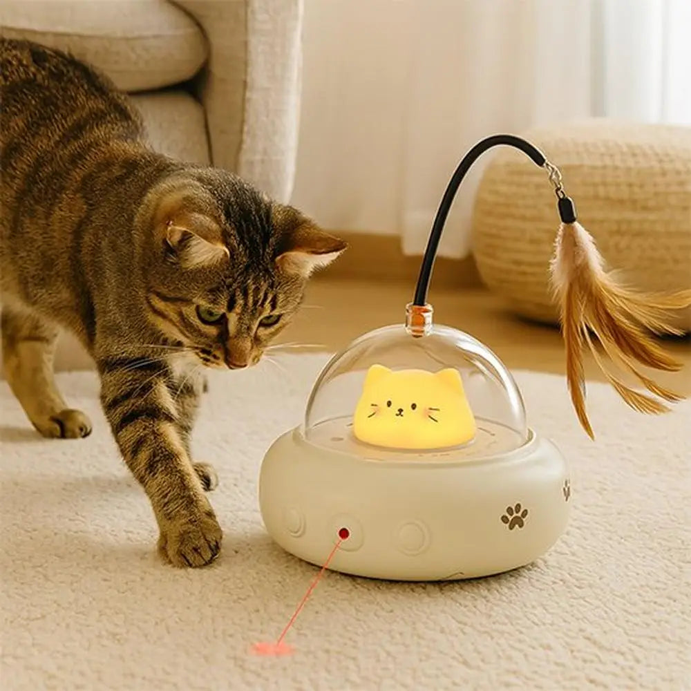Boule automatique blanche pour chat, dôme transparent avec lumière jaune et plume