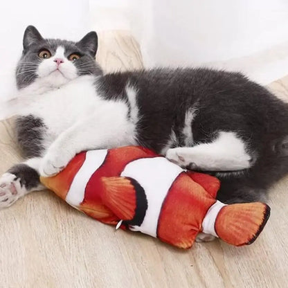 Peluche poisson pour chat, rouge et blanc, rayures contrastées, corps souple
