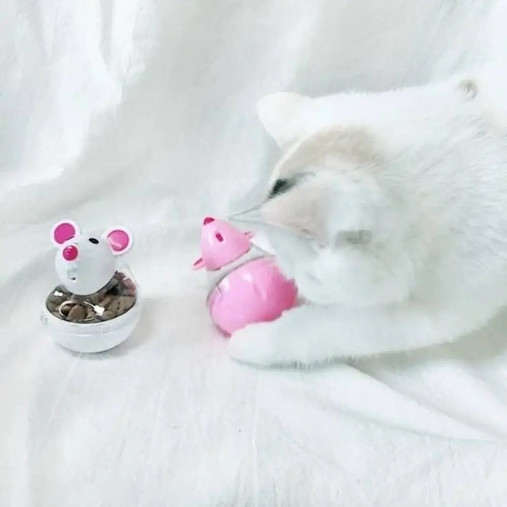 Distributeurs de croquettes puzzle pour chat, deux souris : blanche et rose, bols transparents