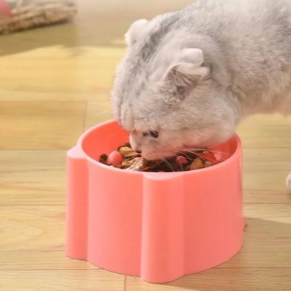 Gamelle anti-glouton pour chat rose, bol rempli, chat mange au bord