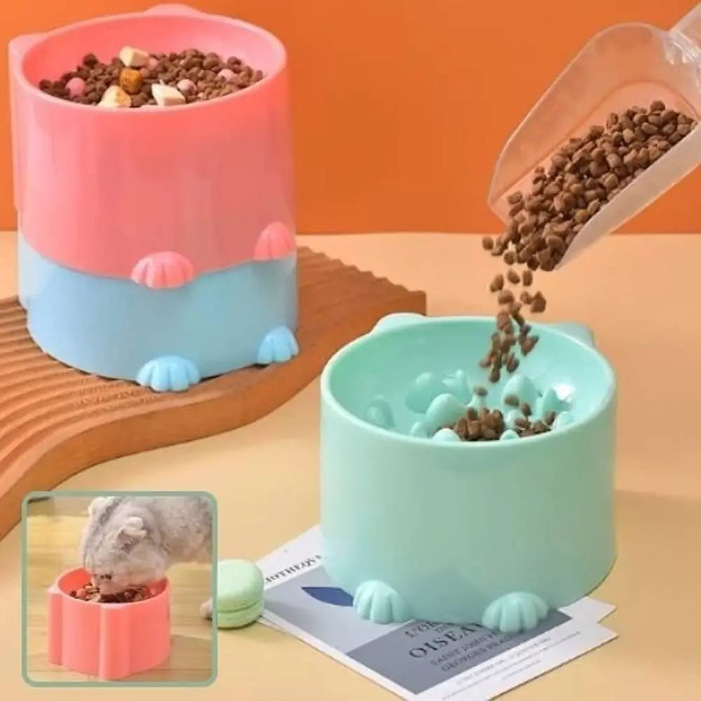 Gamelle anti-glouton pour chat rose et verte, avec deux bols et aliments