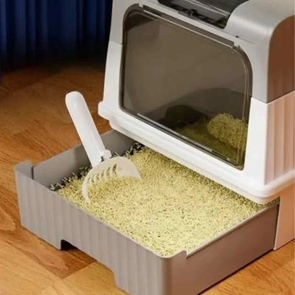 Bac à litière chat vertical anti-odeurs beige/blanc, bac intérieur ouvert.