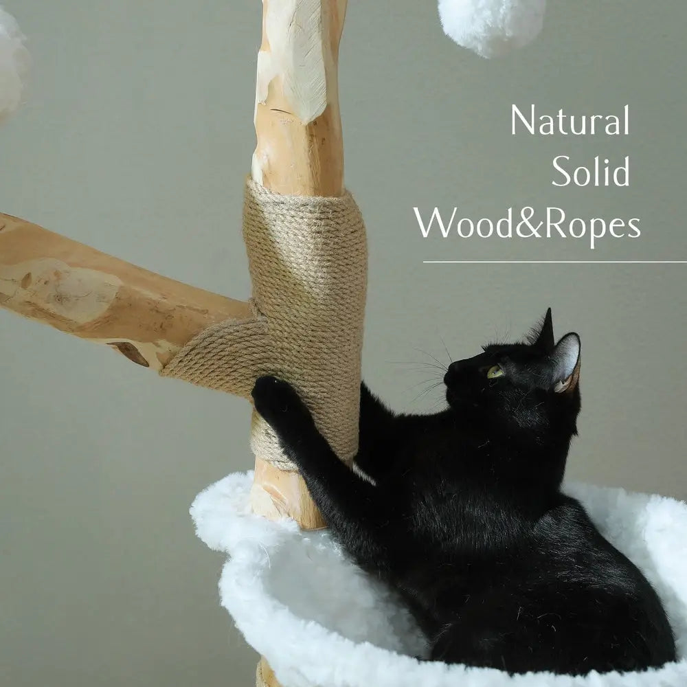 Arbre à chat : poteaux en bois gainés de corde de sisal et plateforme moelleuse blanche
