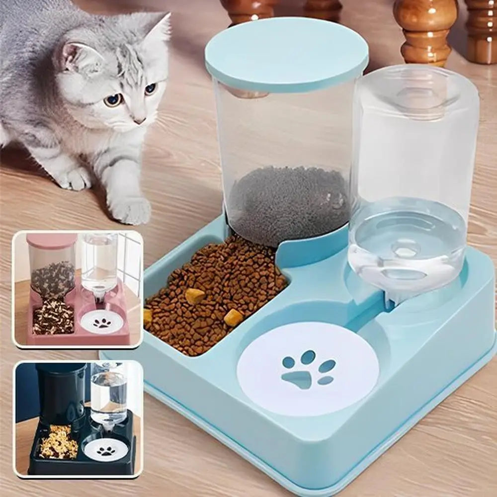 Distributeur de croquettes pour chat bleu clair, base avec bol à motif patte et trémie