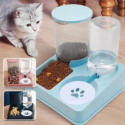 Distributeur de croquettes pour chat bleu clair, base avec bol à motif patte et trémie