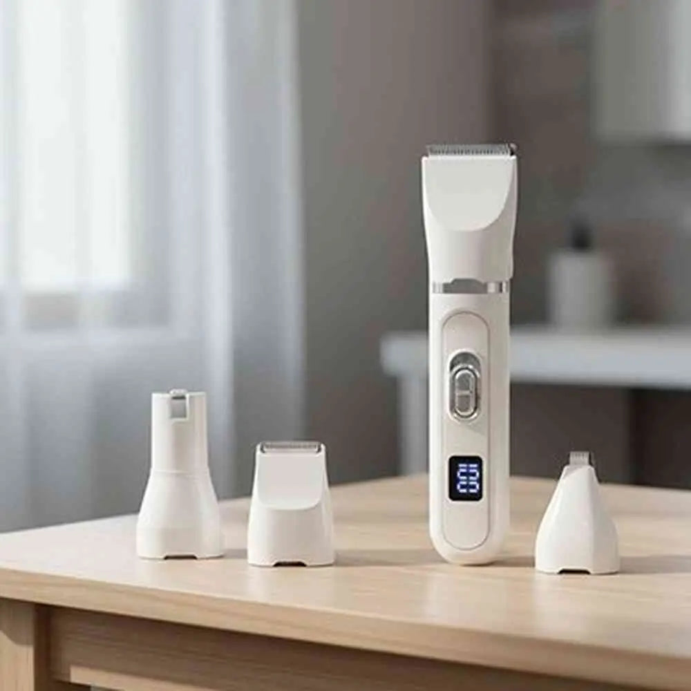 Tondeuse pour chat blanche avec base de charge USB et 3 têtes de coupe