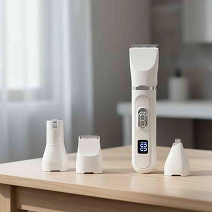 Tondeuse pour chat blanche avec base de charge USB et 3 têtes de coupe