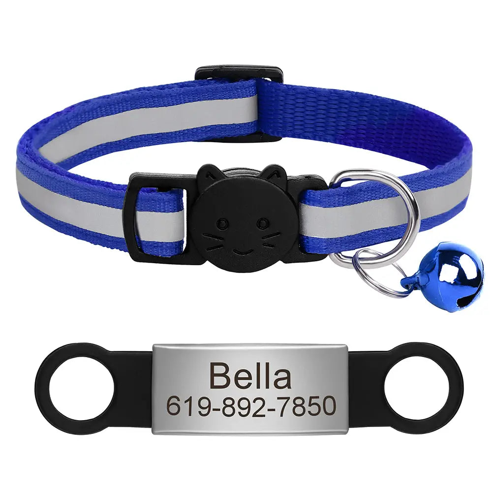 Collier pour chat réfléchissant bleu, pendentif chat, clochette et plaque « Bella ».