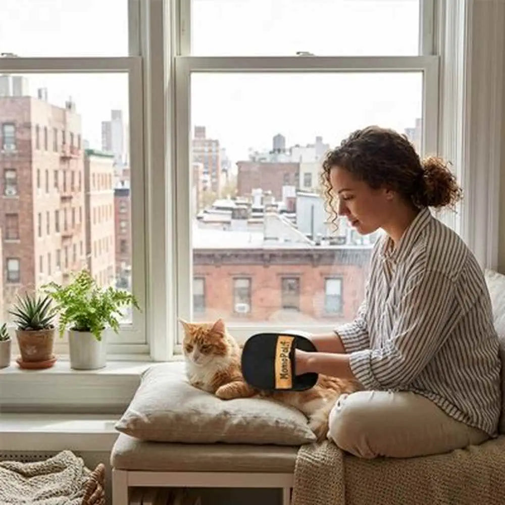 Gant de toilettage noir à étiquette jaune, brossage d’un chat sur un coussin.