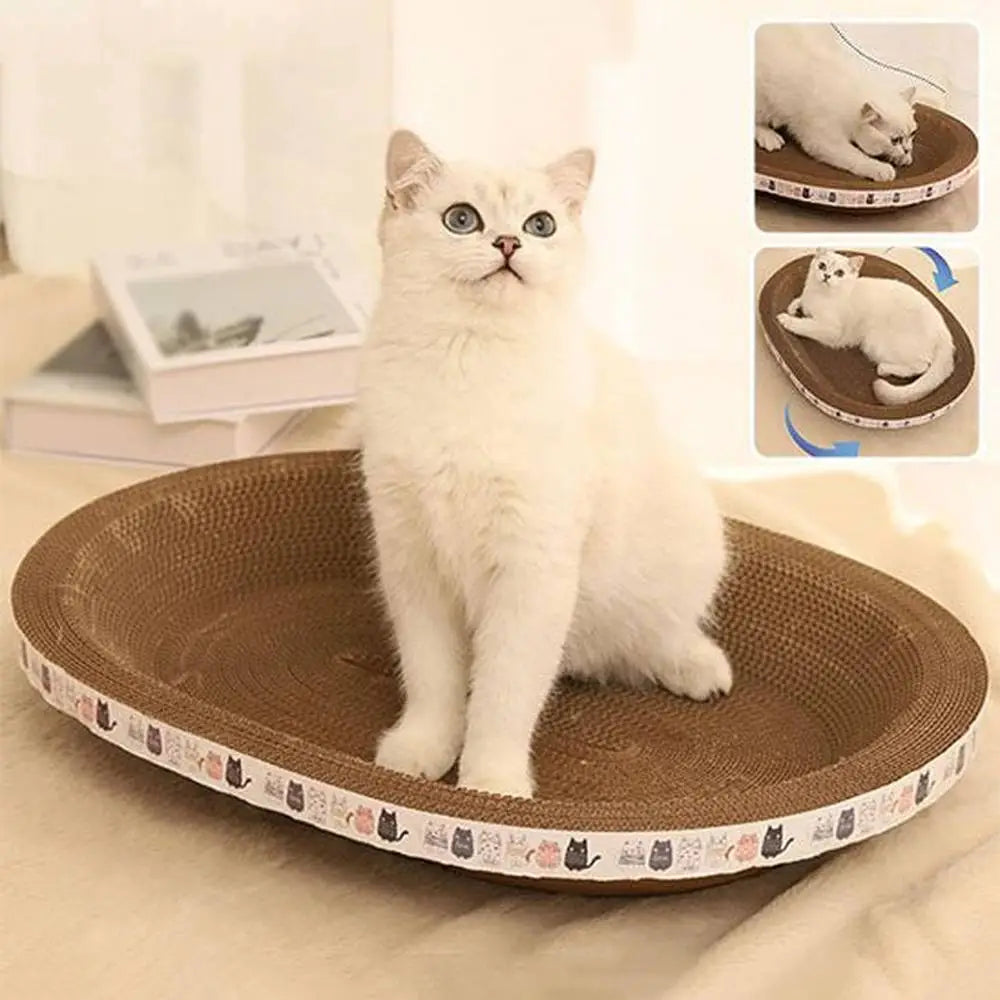 Griffoir pour chat en forme de bol, sisal brun, bord à motifs de chats.