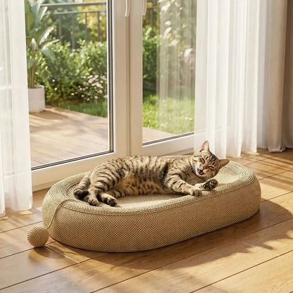 Coussin griffoir pour chat beige ovale, bord rembourré
