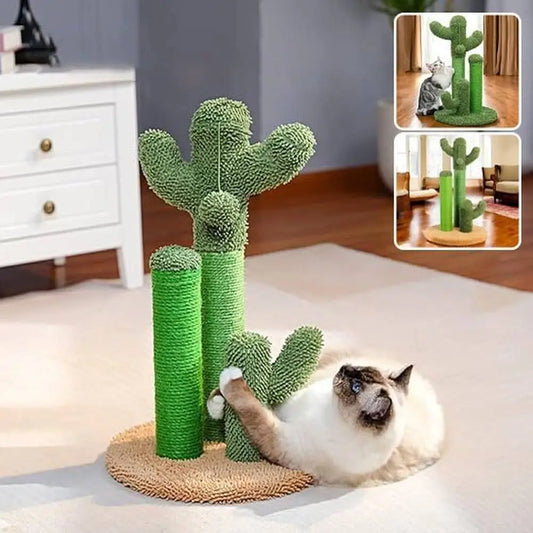 Griffoir à chat PawPerfect modern en forme de cactus vert, avec plateforme ronde.