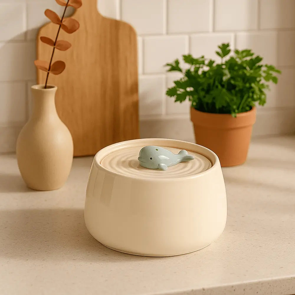 Fontaine à eau pour chat en céramique blanche avec figurine de chat au centre