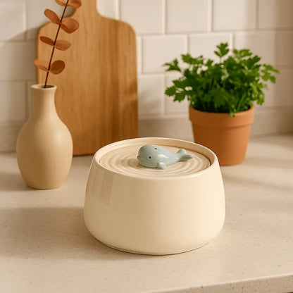 Fontaine à eau pour chat en céramique blanche avec figurine de chat au centre
