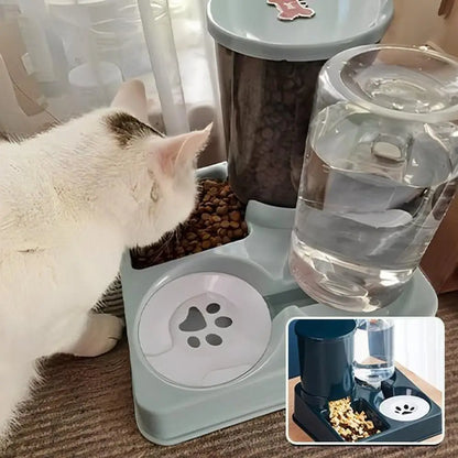 Distributeur de croquettes pour chat gris clair, bol rond à motif patte et trémie