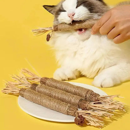 Bâtons à mâcher PurrStick™ en corde beige avec pompons, près d’un chat.