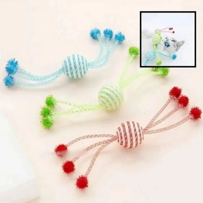 Jeu pour chat StimuCat Interactif, cordes à macher bleue, verte et rouge avec pompons