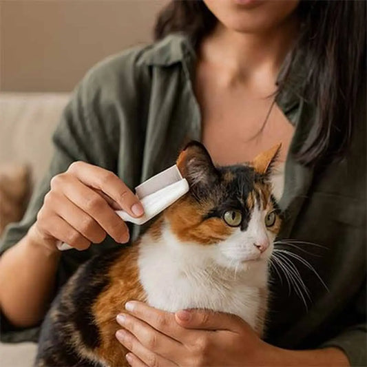 Peigne à chat anti-nœuds blanc, utilisé pour démêler le pelage tigré