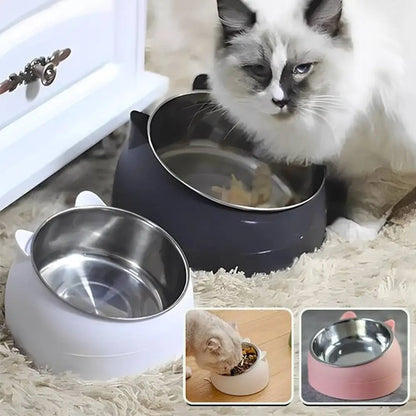 Gamelles pour chat ergonomiques : base noire et base blanche, bols intérieurs en acier inox.