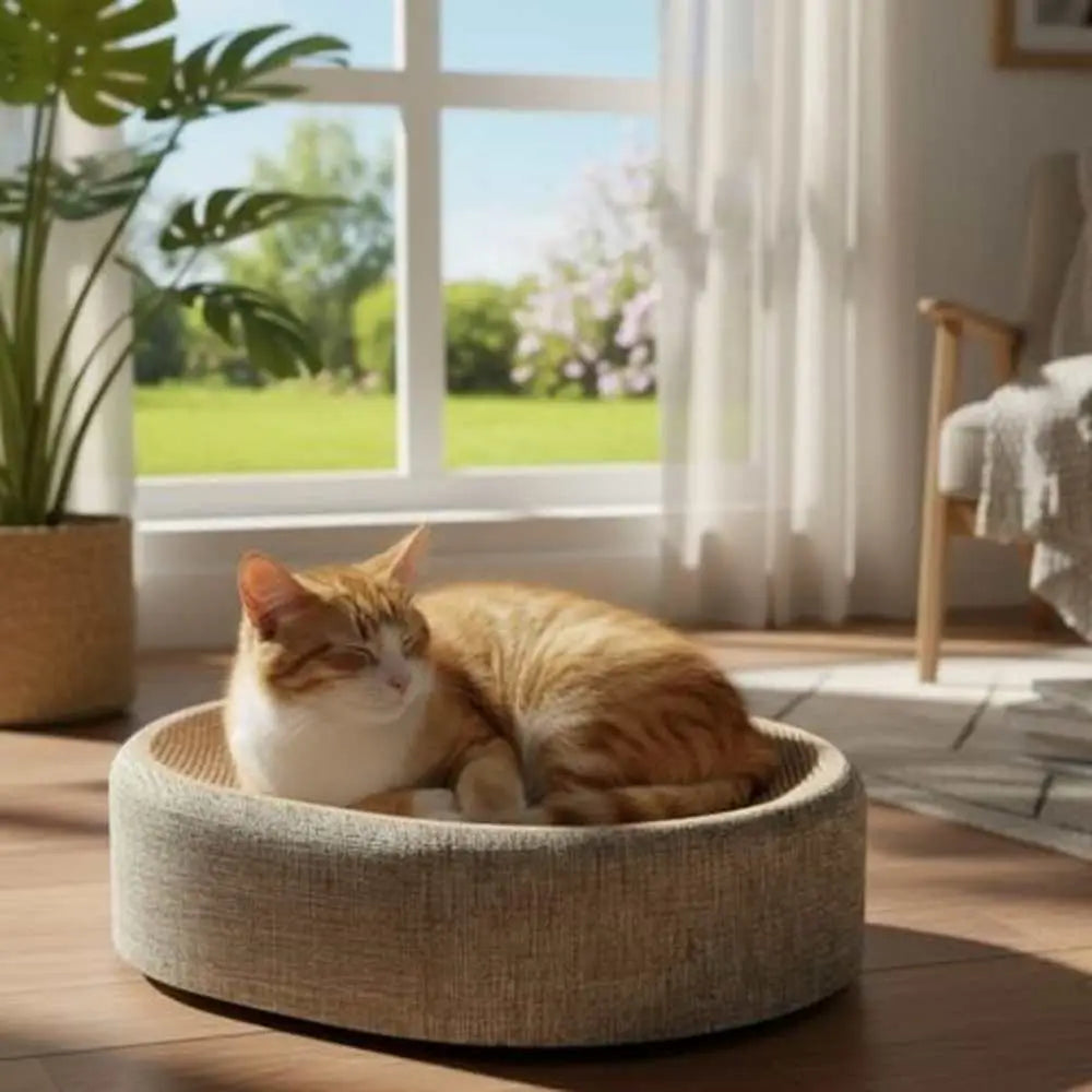 Griffoir ovale 2-en-1 en tissu gris, corbeille pour chat à bord rembourré