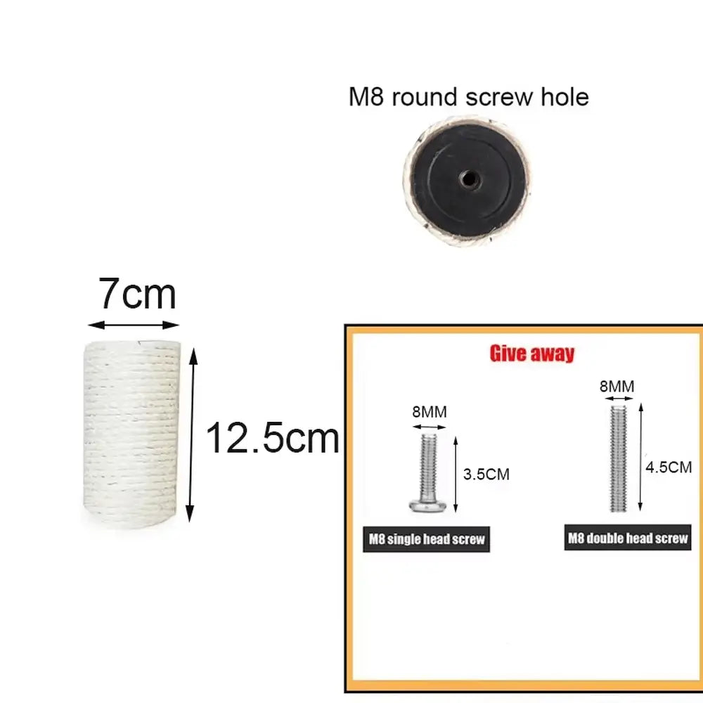 Schéma du griffoir: vis M8, trou rond et dimensions 7 cm et 12,5 cm.