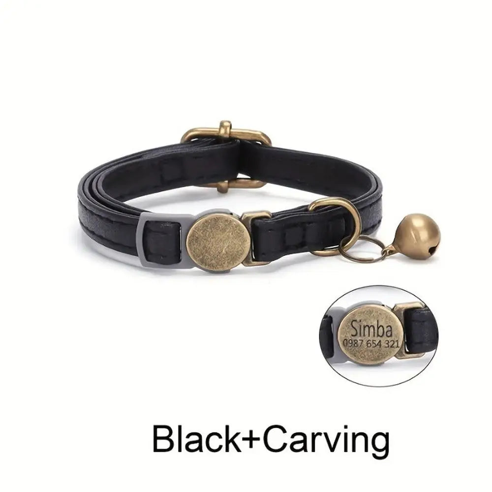 Collier pour chat noir en cuir PU avec plaque ronde gravée, anneau D et clochette