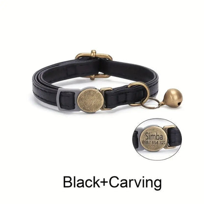 Collier pour chat noir en cuir PU avec plaque ronde gravée, anneau D et clochette