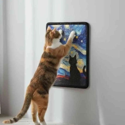 Griffoir mural pour chat, cadre noir et illustration nocturne, chat roux en appui