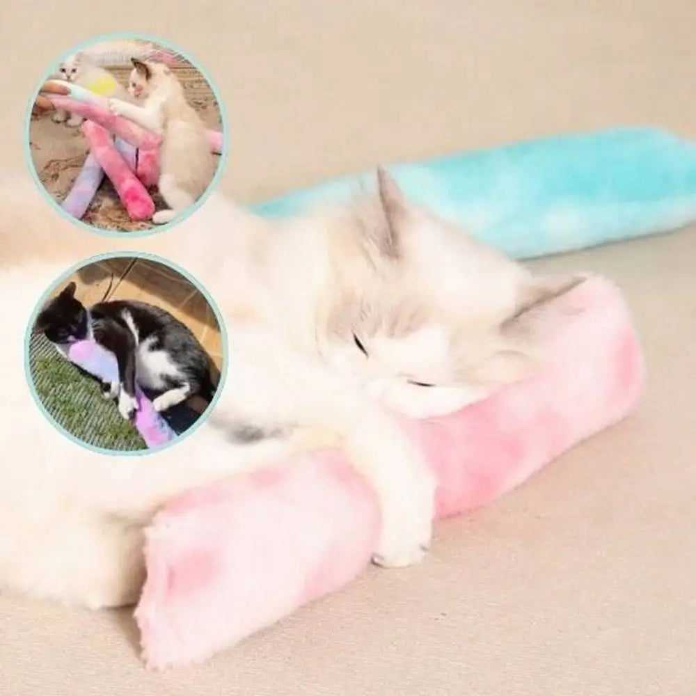 Bâton à macher pour chat en peluche, rose pâle et bleu clair, texture duveteuse