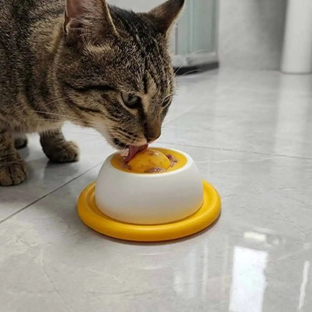 Gamelle anti-glouton Chat CenterPlus, base jaune, auge blanche avec œuf orange