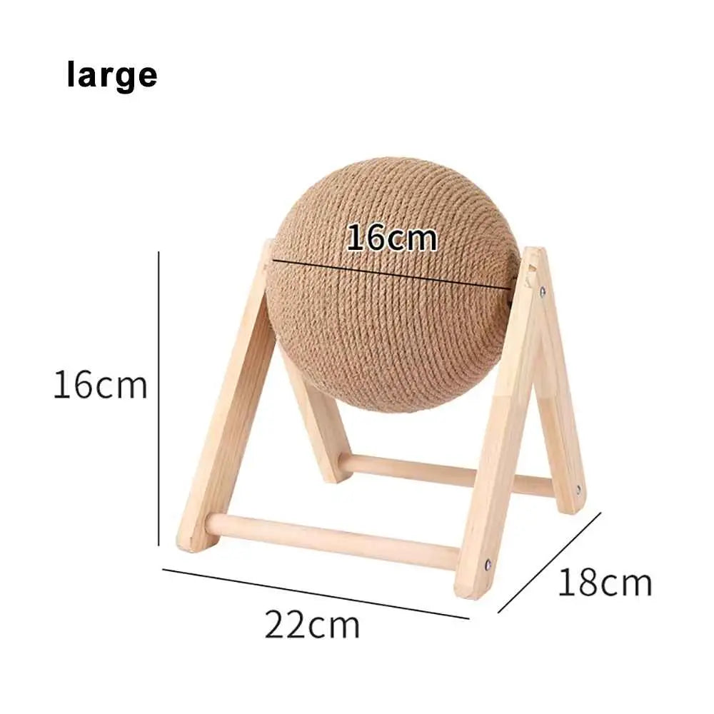 Schéma du griffoir pour chat : boule en sisal beige sur support en bois.