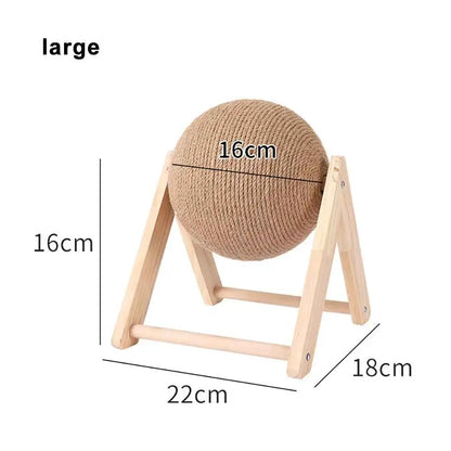 Schéma du griffoir pour chat : boule en sisal beige sur support en bois.
