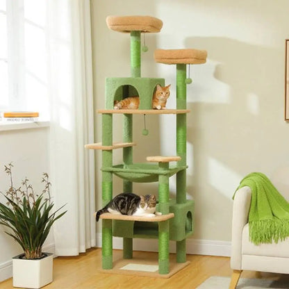 Arbre à chat multi-niveaux vert : plateformes en bois, maison et boules pendantes
