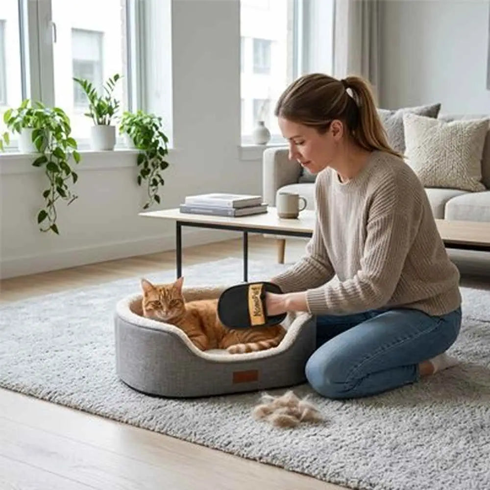 Gant de toilettage noir, brossage d’un chat allongé dans un panier.