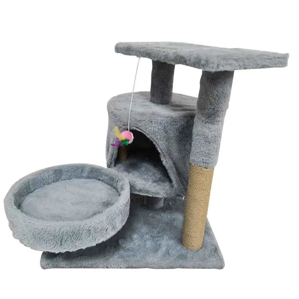 Petit arbre à chat le cocon gris: hamac rond, niche et poteaux en sisal.