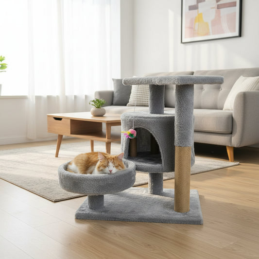Petit arbre à chat le cocon gris: hamac rond, niche et poteaux en sisal.