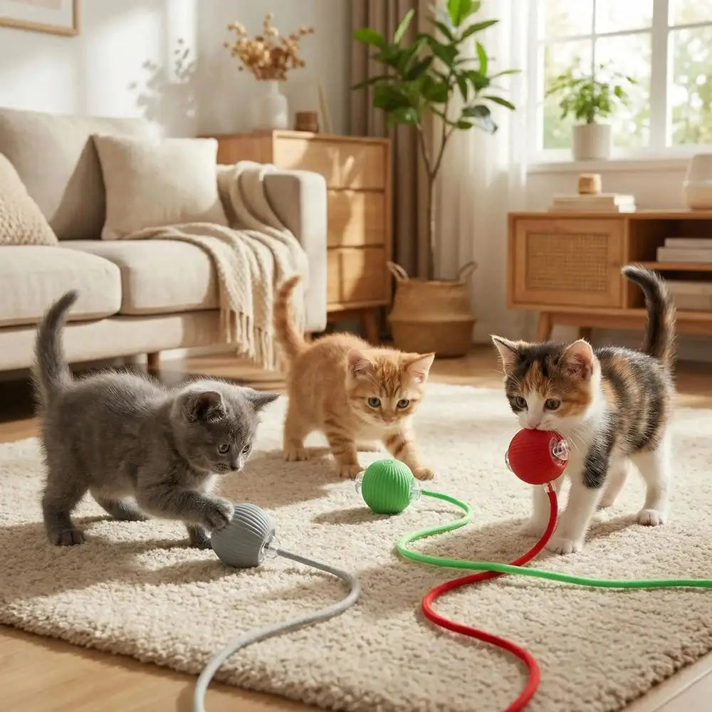 Balles interactives FélinJoy verte et rouge, chatons au sol sur tapis clair