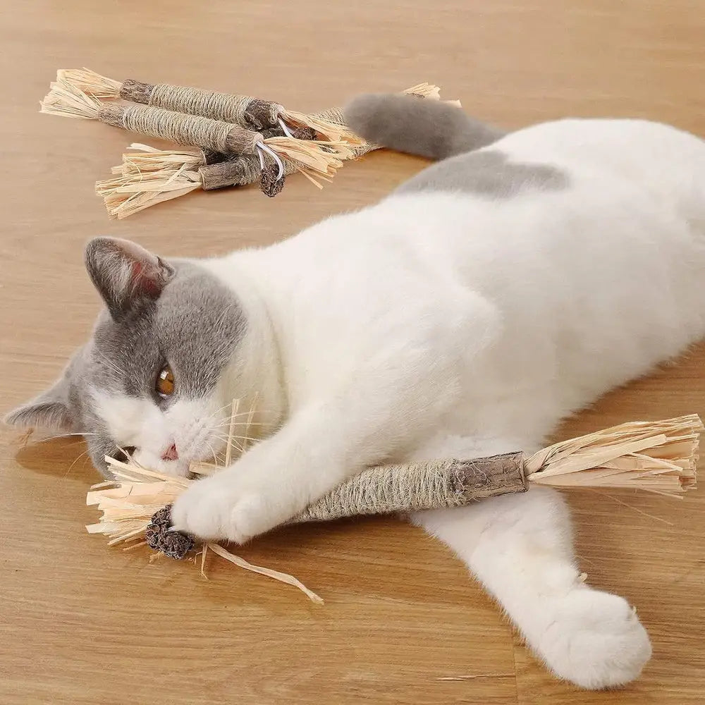 Bâton à mâcher PurrStick™ en corde beige avec pompons, mâché par un chat.
