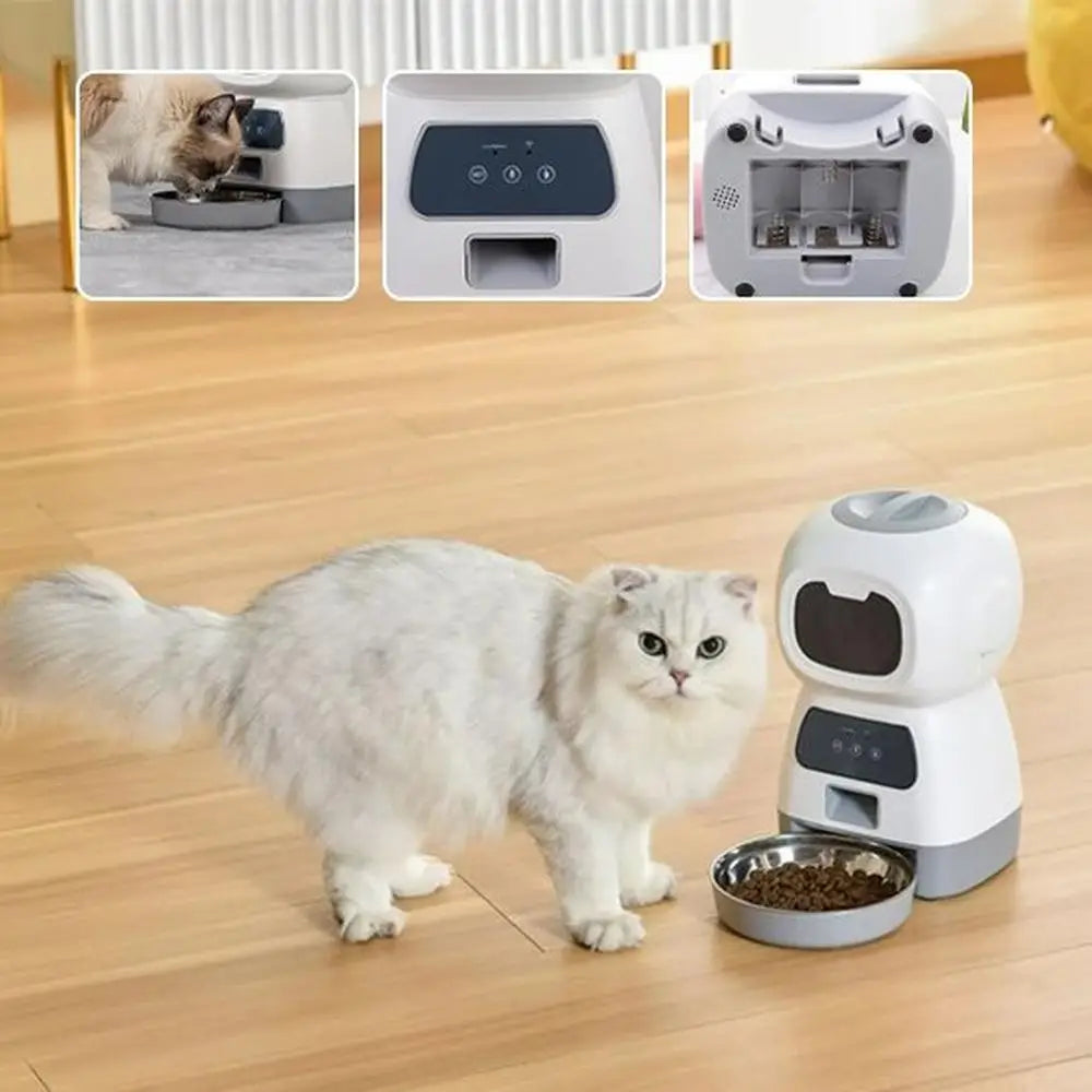 Distributeur automatique de croquettes pour chat blanc avec bol en métal et couvercle supérieur.