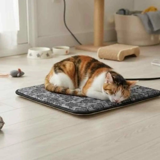 Tapis chauffant pour chat gris foncé à motif, avec bord noir et chat allongé.