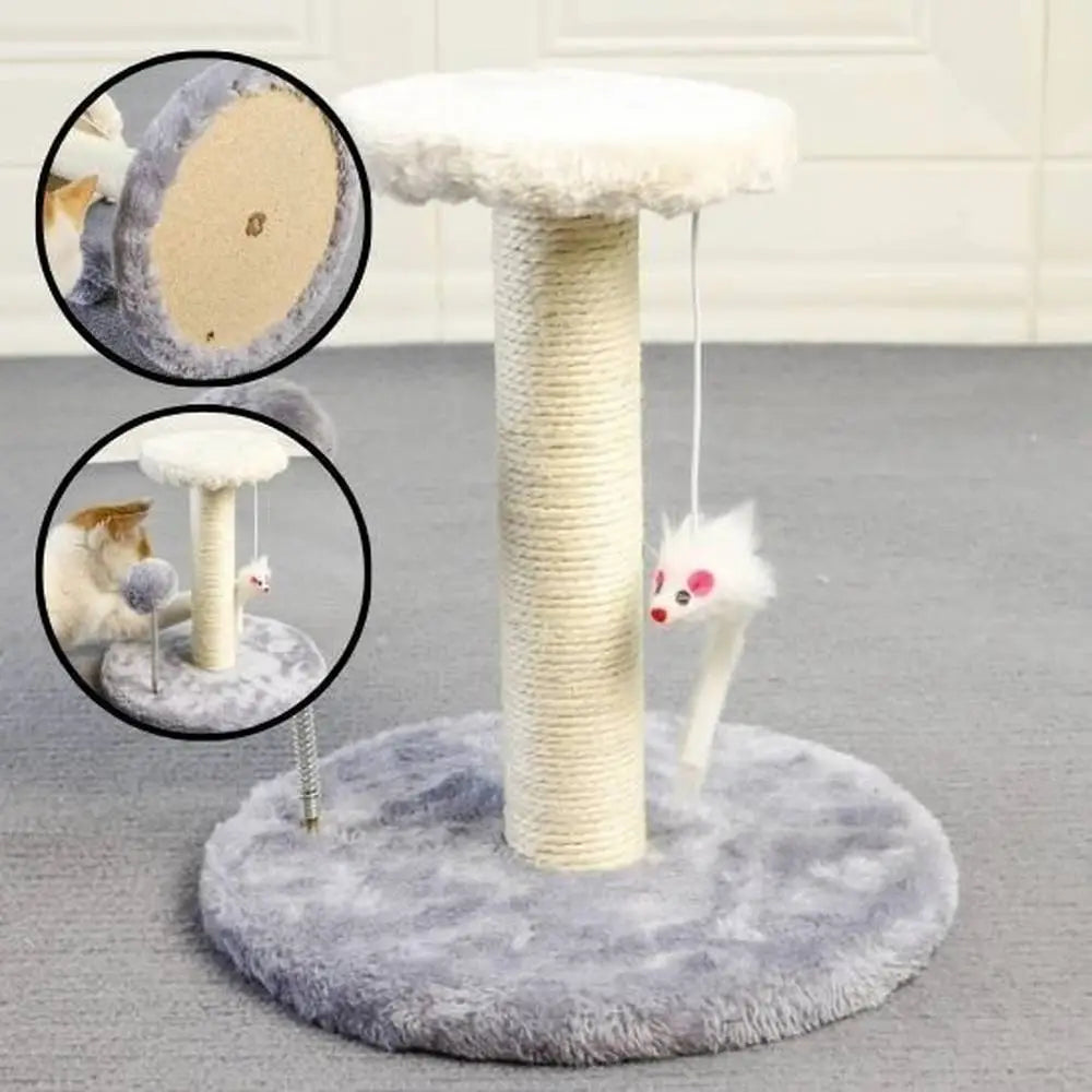 Griffoir pour chat ProtectoFelin base ronde grise, poteau en sisal blanc et boule pendante